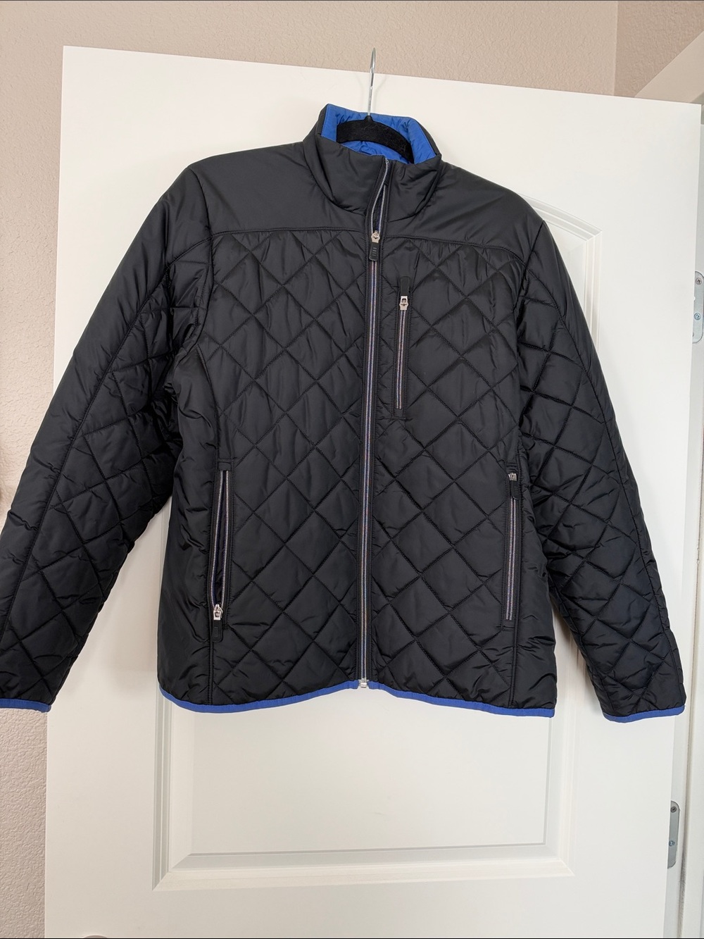 Lands' End Black Quilted Jacket with Blue Trim